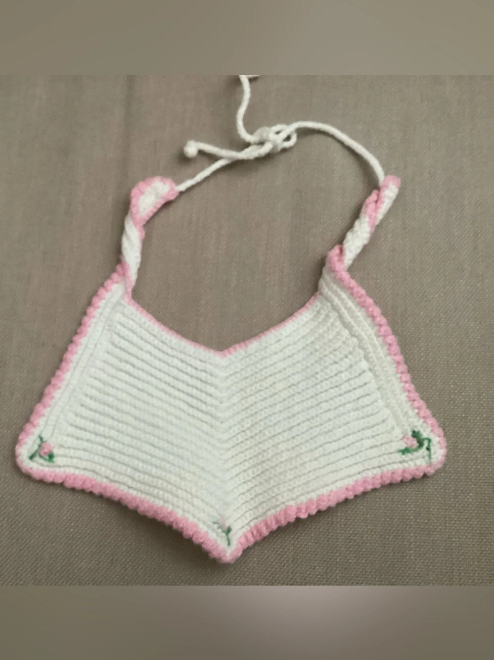 Vintage handmade crochet baby’s cotton pink, white and green embroiderd ROSES.